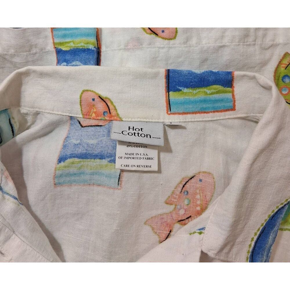 Hot cotton usa womens large linen shirt art wear white green fishes nature top - Picture 2 of 9
